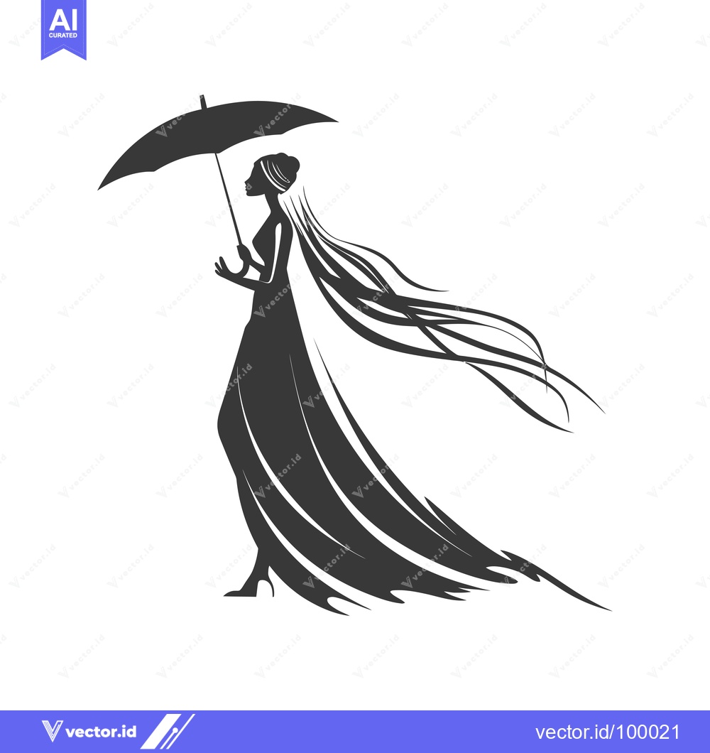 Premium Vector dari Silhouette of a Woman with Long Hair Holding an Umbrella