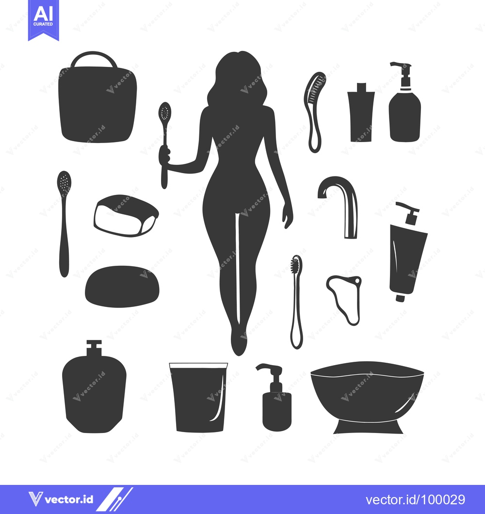 Premium Vector dari Silhouette of a woman with various bathroom and beauty accessories