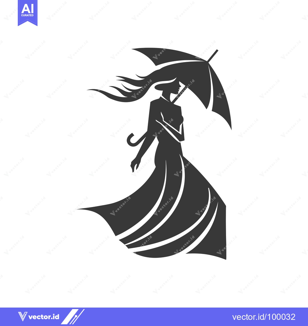 Premium Vector of Silhouette of a Woman with Windblown Hair Holding an Umbrella