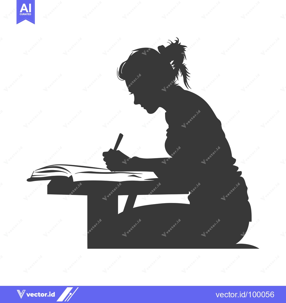 Premium Vector dari Silhouette of a Woman Writing at a Desk with a Book