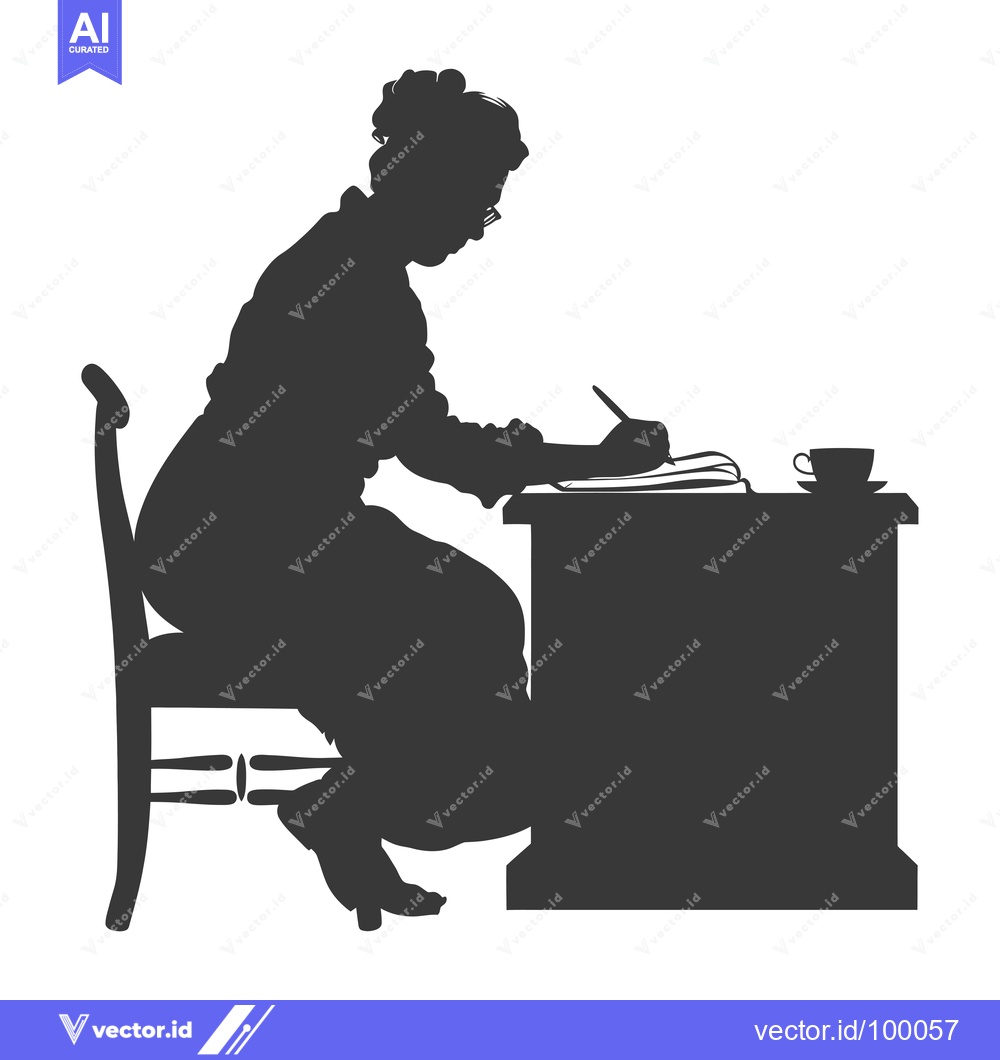 Premium Vector of Silhouette of a woman writing at a desk with a cup of coffee