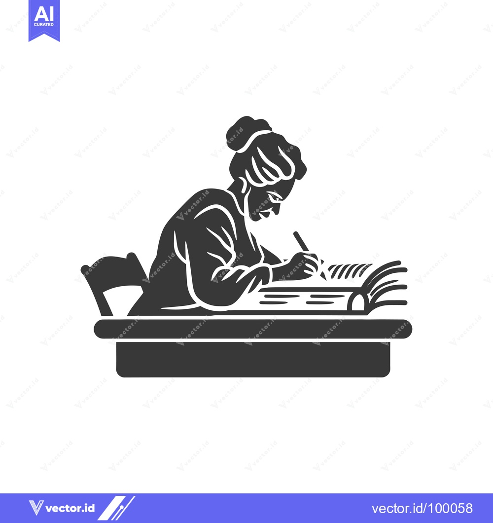 Premium Vector dari Silhouette of a Woman Writing at a Desk with an Open Book