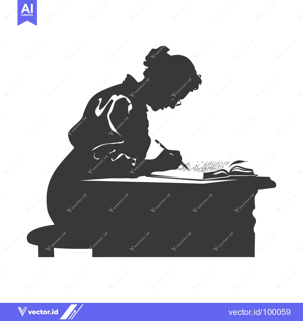 Premium Vector dari Silhouette of a Woman Writing at a Desk with an Open Book