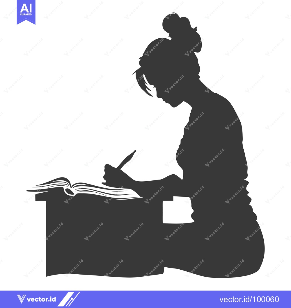Premium Vector of Silhouette of a Woman Writing at a Desk with an Open Book