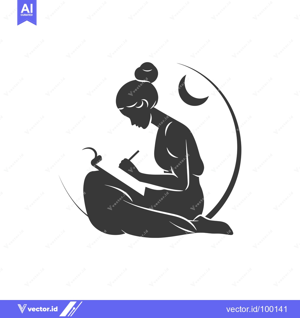 Premium Vector dari Silhouette of a Woman Writing with a Crescent Moon in the Background