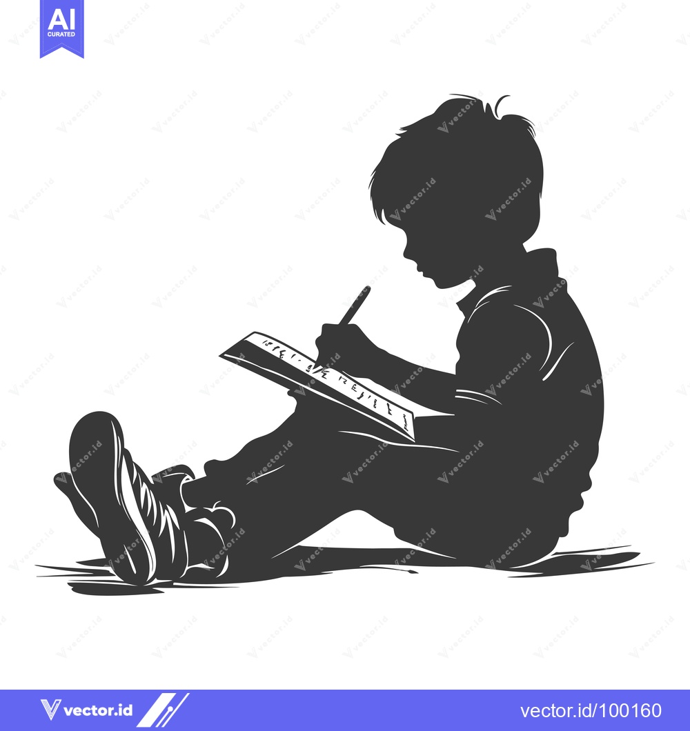 Premium Vector dari Silhouette of a Young Boy Writing in a Notebook