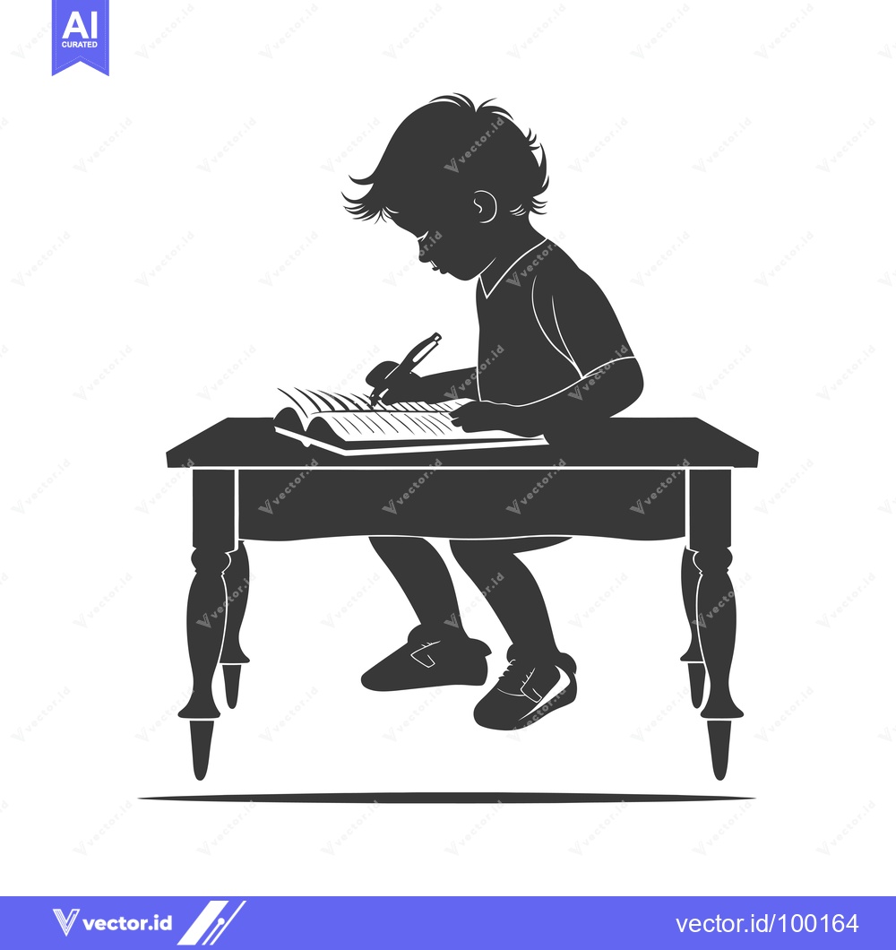 Premium Vector dari Silhouette of a Young Child Writing at a Desk