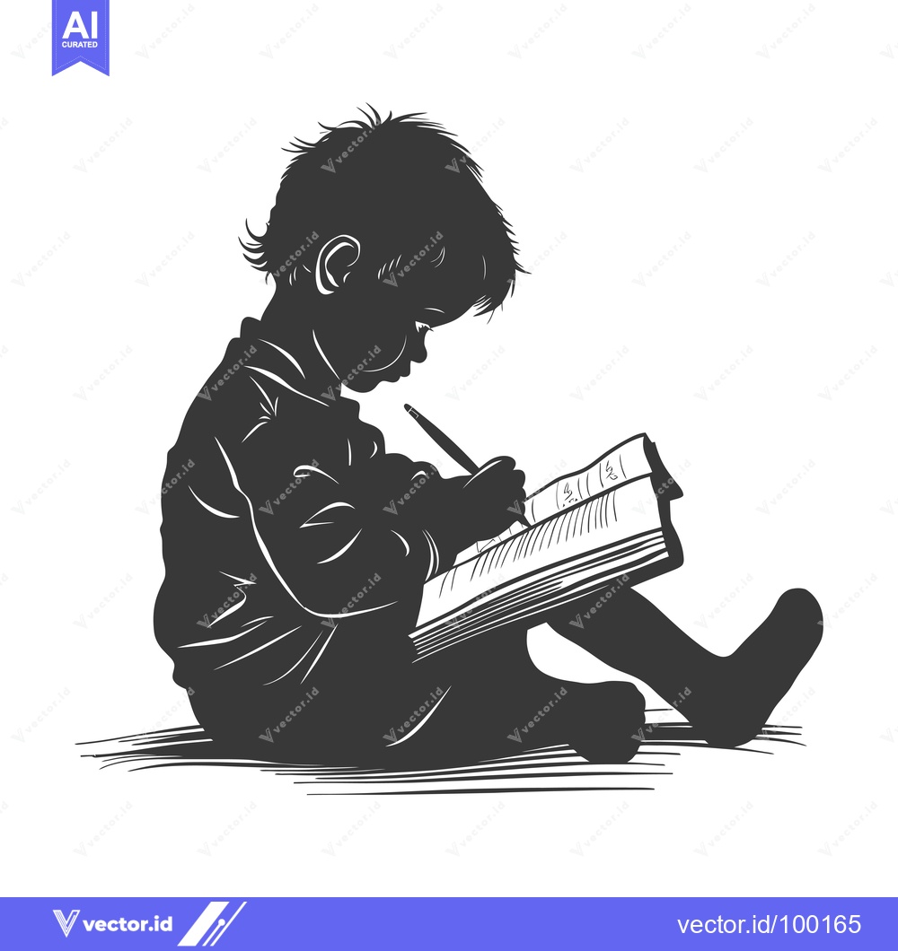Premium Vector dari Silhouette of a Young Child Writing in a Book