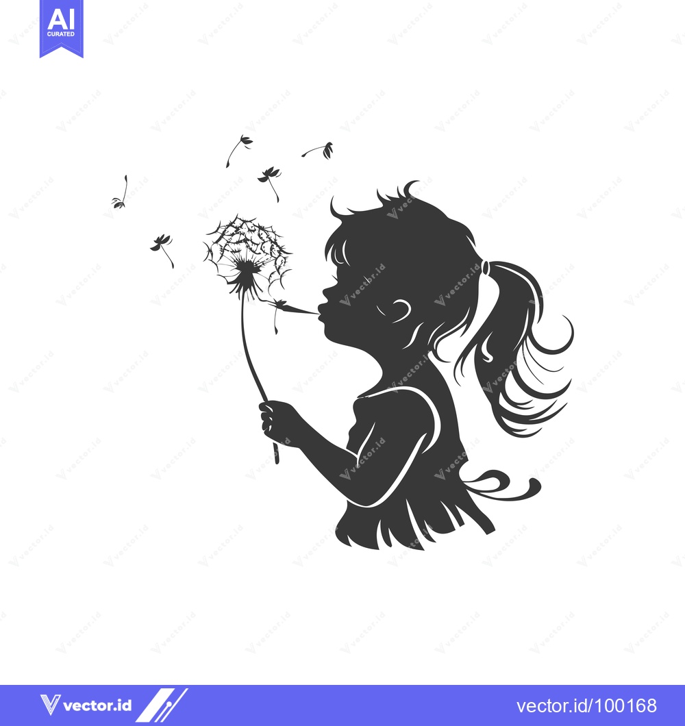 Premium Vector of Silhouette of a Young Girl Blowing on a Dandelion