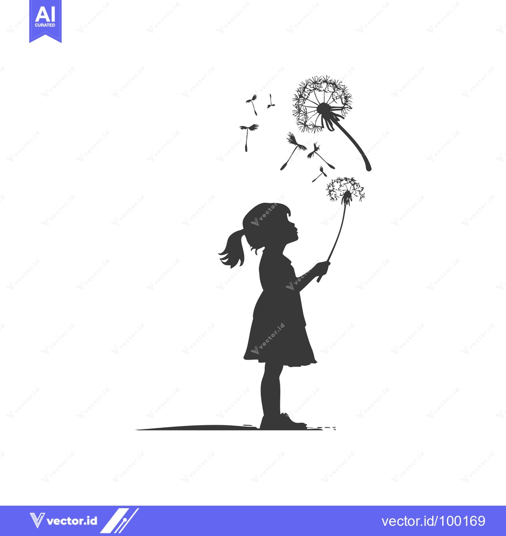 Premium Vector dari Silhouette of a Young Girl Blowing on Dandelion Seeds