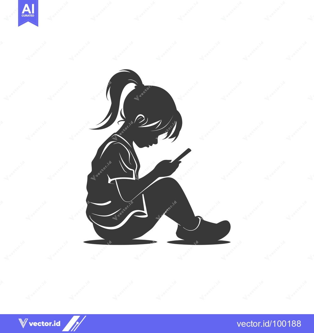 Premium Vector of Silhouette of a young girl seated and looking at a smartphone