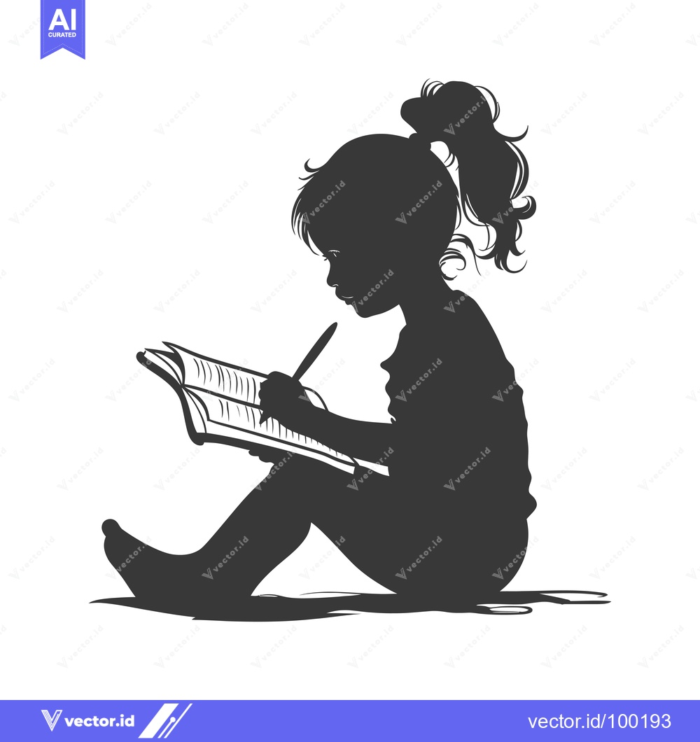 Premium Vector of Silhouette of a young girl sitting and writing in a book