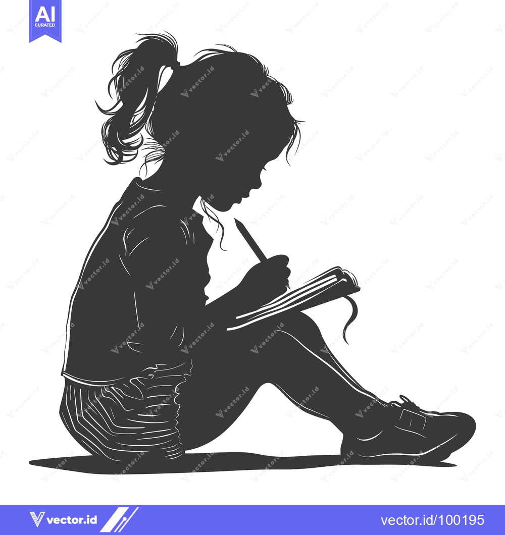 Premium Vector dari Silhouette of a Young Girl Sitting and Writing in a Notebook