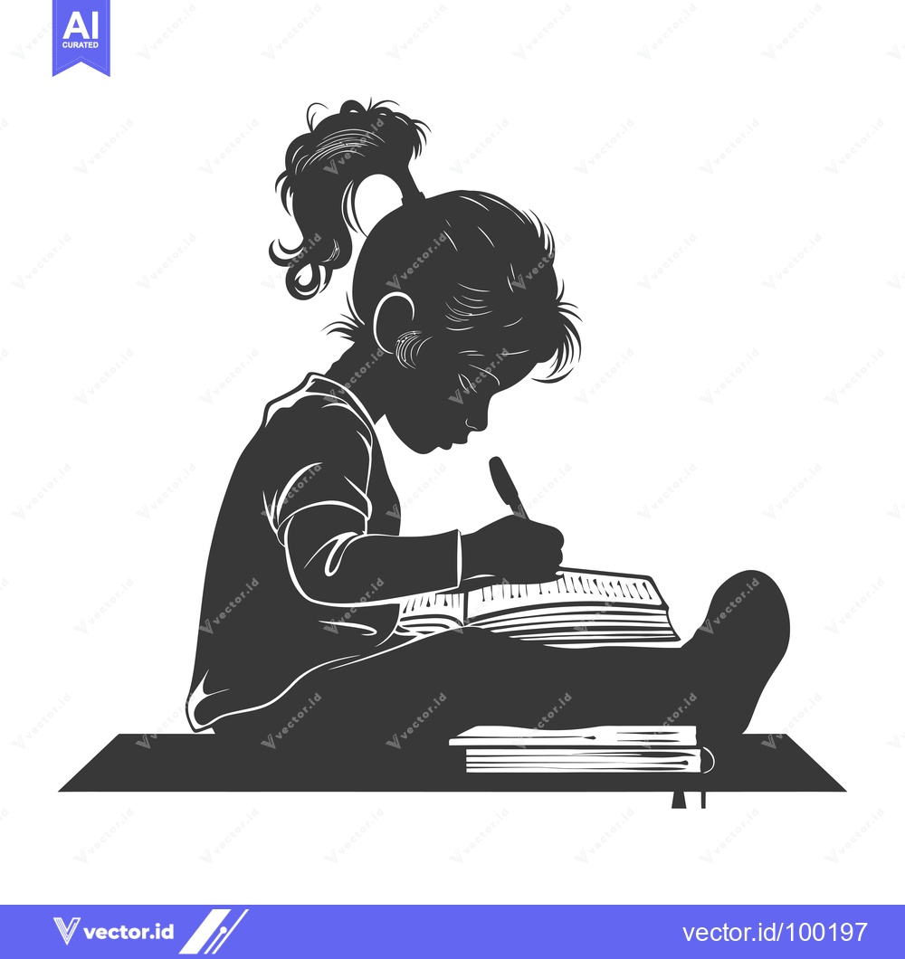 Premium Vector dari Silhouette of a young girl sitting and writing in a notebook