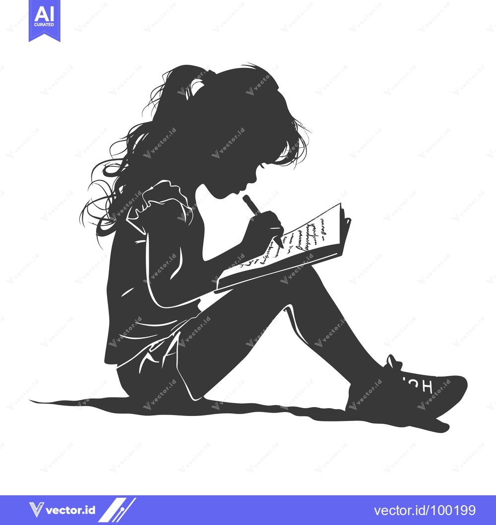 Premium Vector of Silhouette of a young girl sitting and writing in a notebook