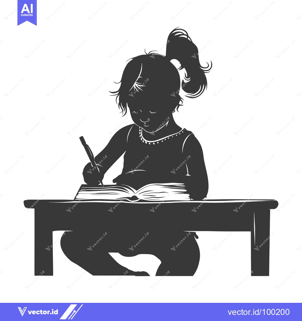 Premium Vector dari Silhouette of a young girl sitting at a desk, writing in a book