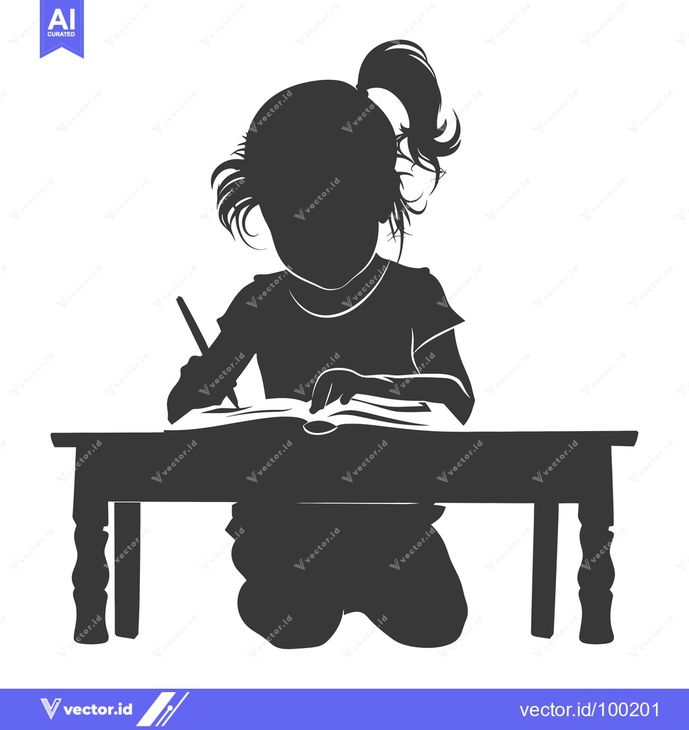 Premium Vector dari Silhouette of a young girl sitting at a desk writing in a book