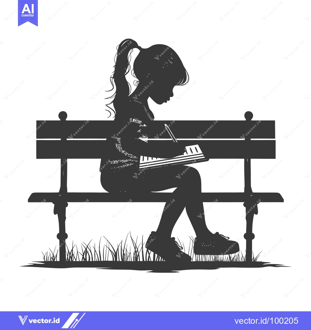 Premium Vector dari Silhouette of a Young Girl Sitting on a Bench and Writing in a Noteboo