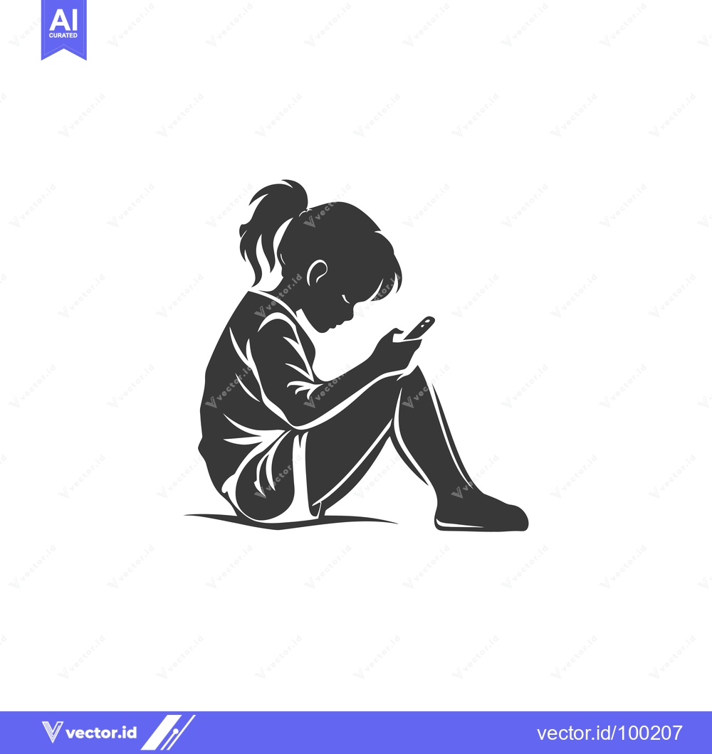 Premium Vector dari Silhouette of a young girl sitting on the floor, looking at a smartpho