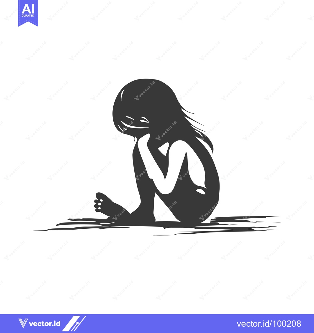 Premium Vector of Silhouette of a Young Girl Sitting on the Ground with Long Hair Coveri