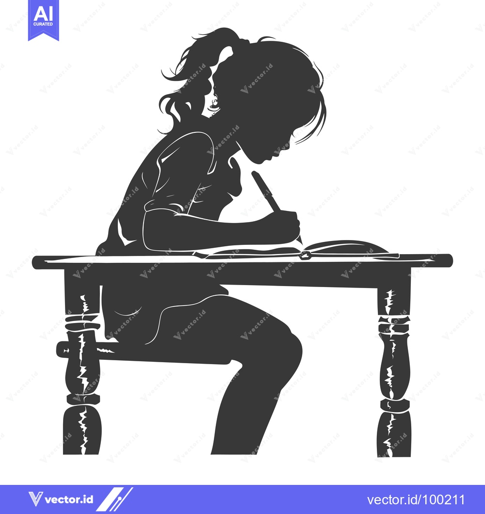 Premium Vector of Silhouette of a Young Girl Studying at a Desk