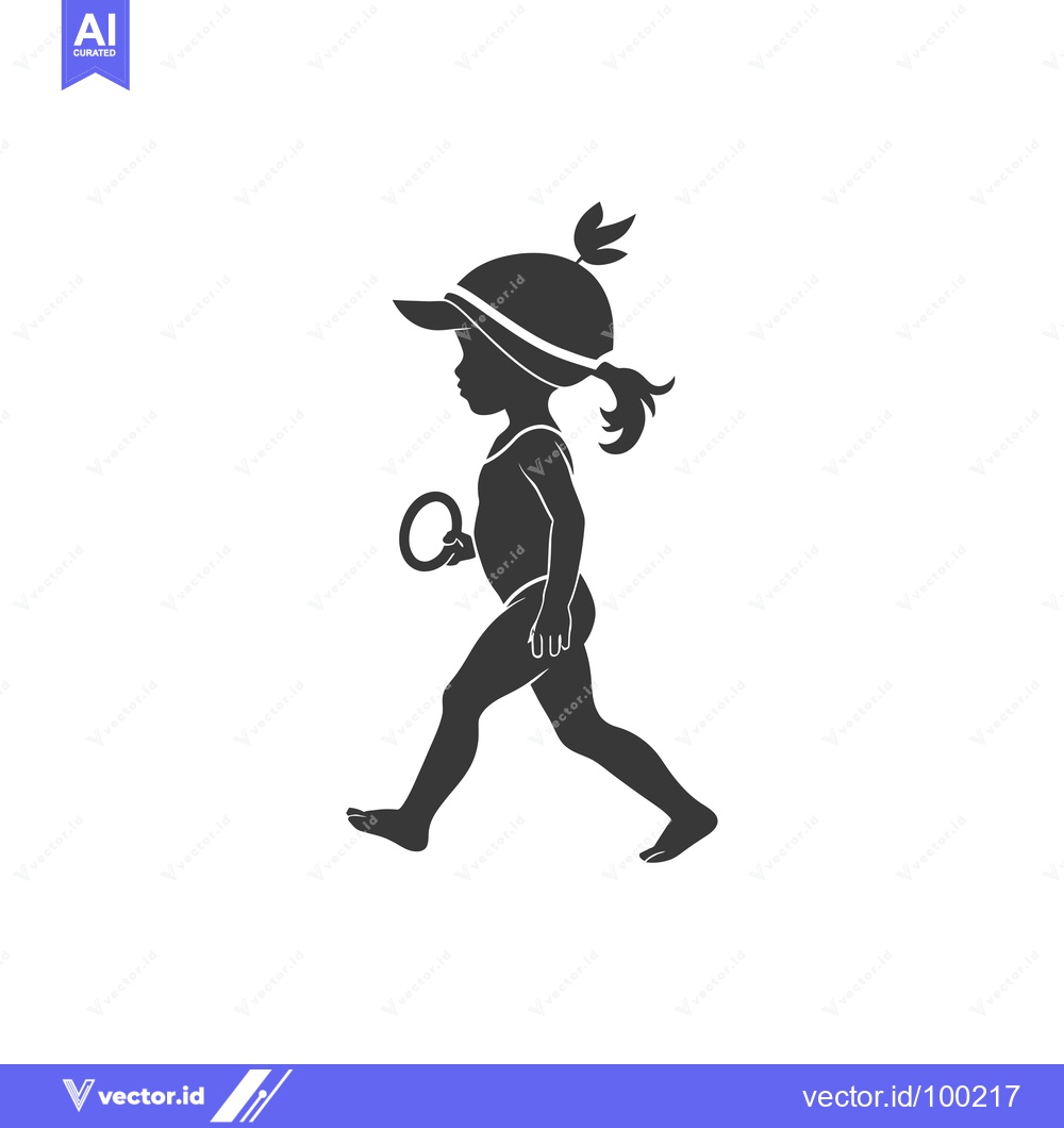 Premium Vector of Silhouette of a Young Girl Walking in a Swimsuit and Hat, Holding a Ri
