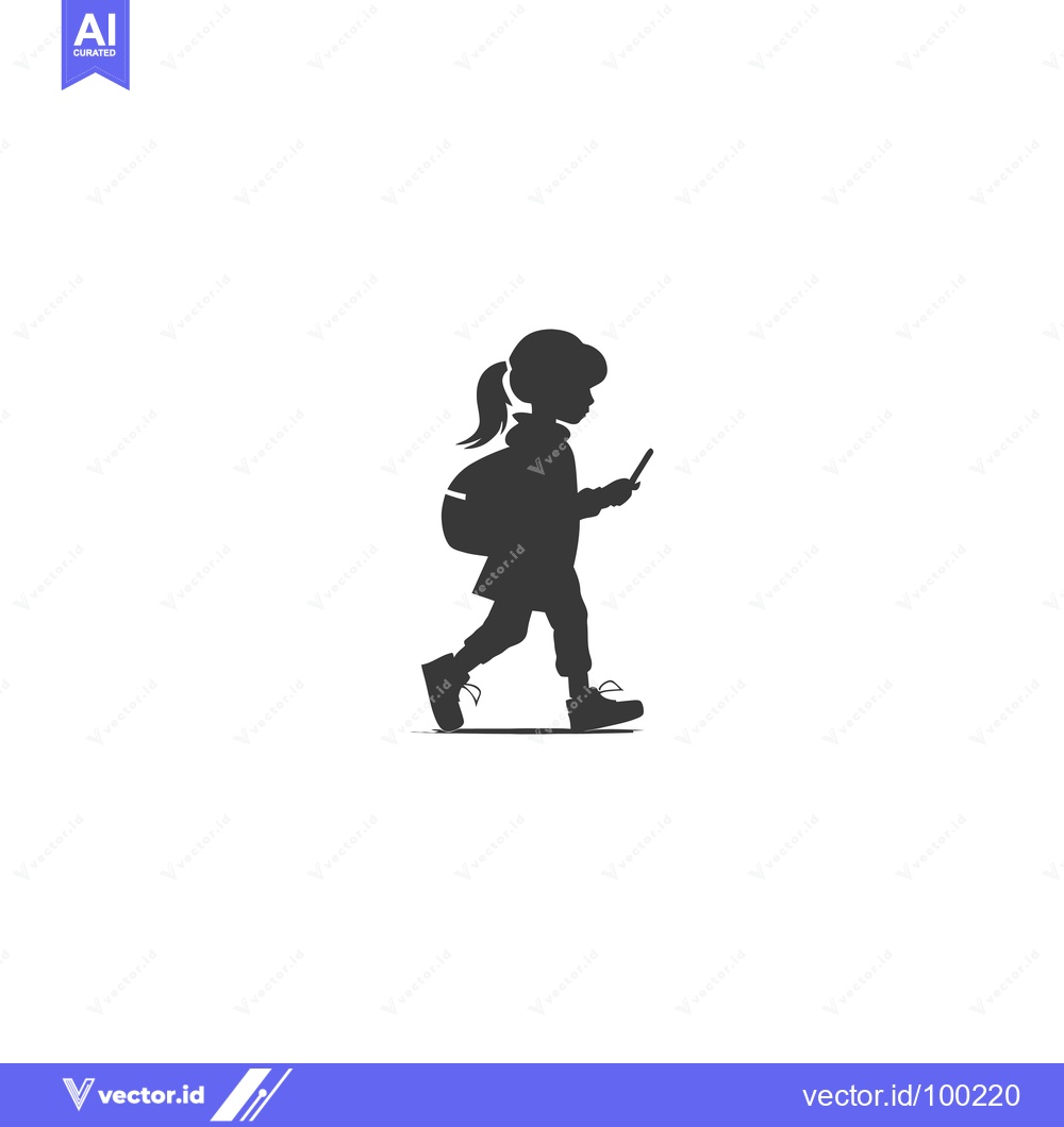 Premium Vector dari Silhouette of a young girl walking with a backpack and holding a smart