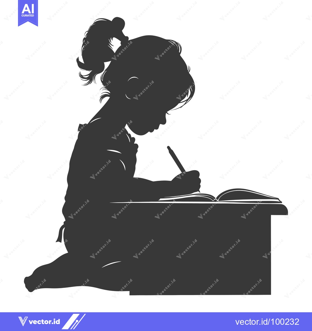 Premium Vector dari Silhouette of a Young Girl Writing at a Desk