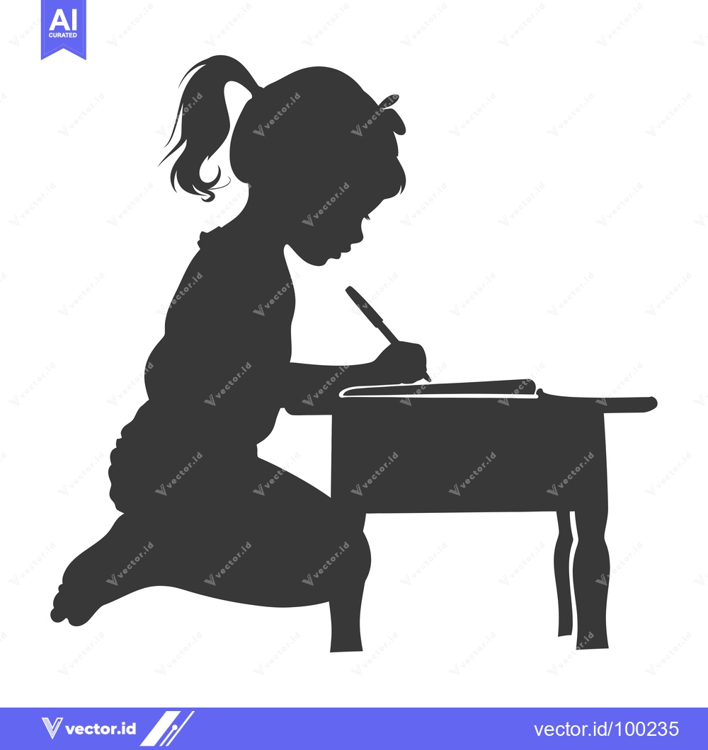 Premium Vector dari Silhouette of a Young Girl Writing at a Desk