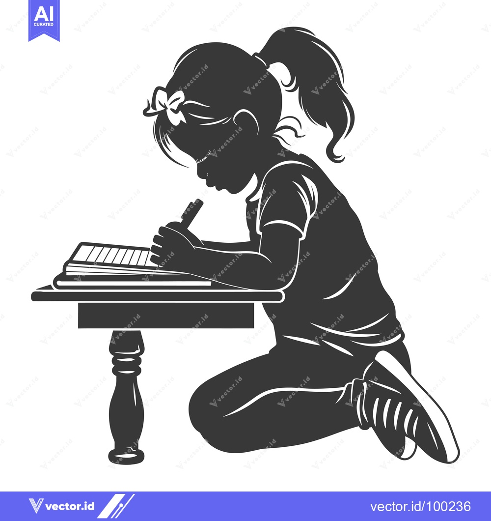 Premium Vector dari Silhouette of a Young Girl Writing at a Table