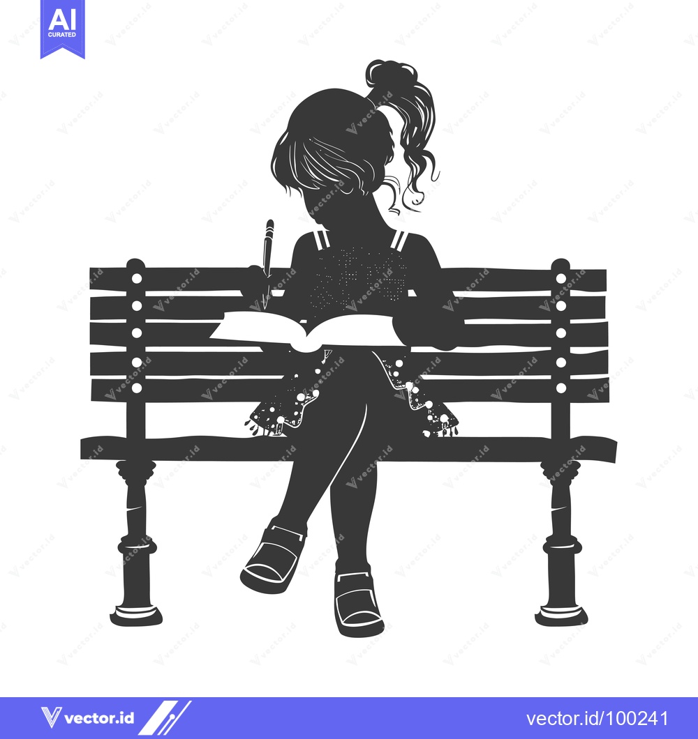 Premium Vector dari Silhouette of a young girl writing in a book on a bench