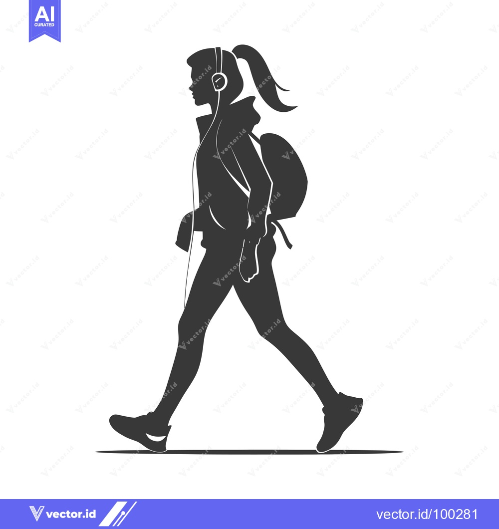 Premium Vector of Silhouette of a Young Woman Walking with Headphones and a Backpack