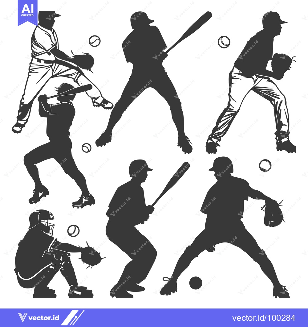 Premium Vector dari Silhouette of Baseball Players in Action, Including Pitcher, Batter, C