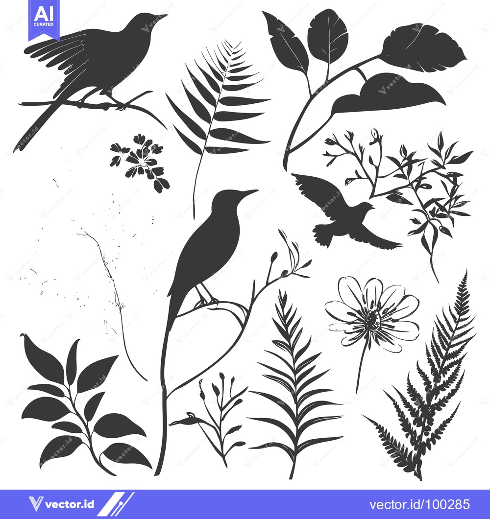 Premium Vector of Silhouette of Birds, Ferns, and Flowers on a White Background