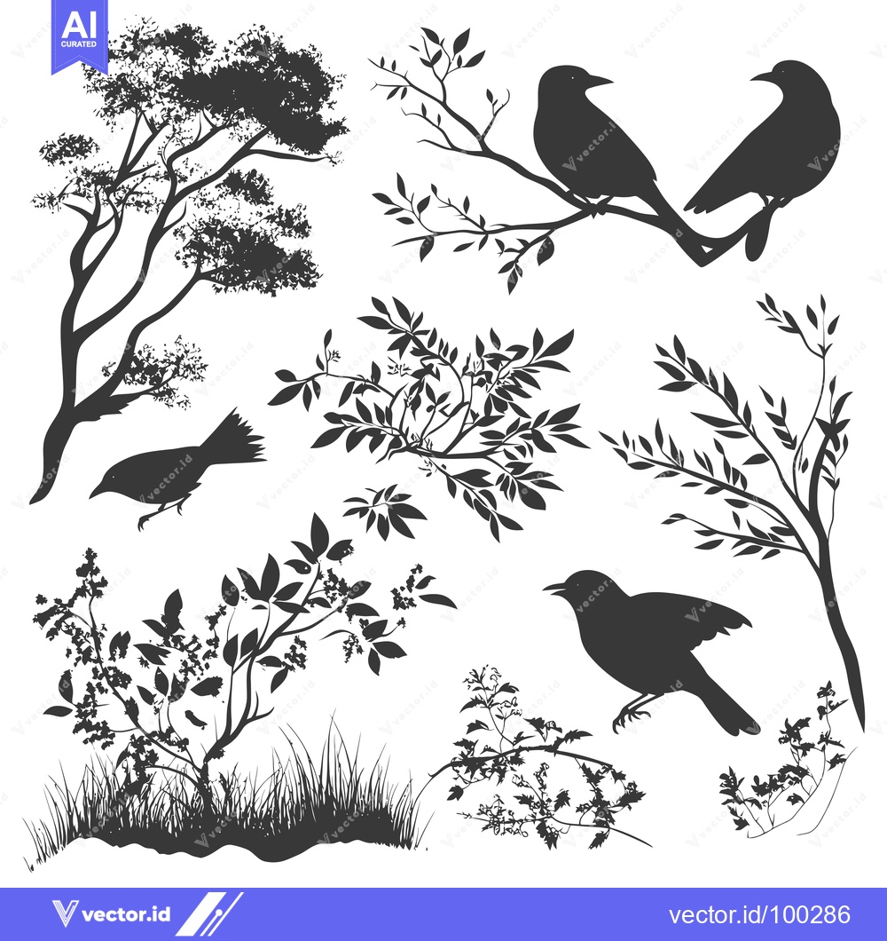 Premium Vector of Silhouette of Birds Perched on Branches and in Flight Among Various Tr