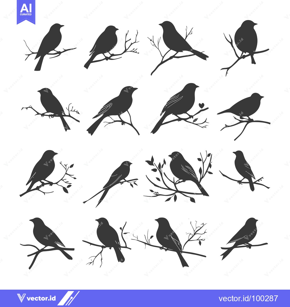 Premium Vector dari Silhouette of birds perched on branches, with a heart on one branch