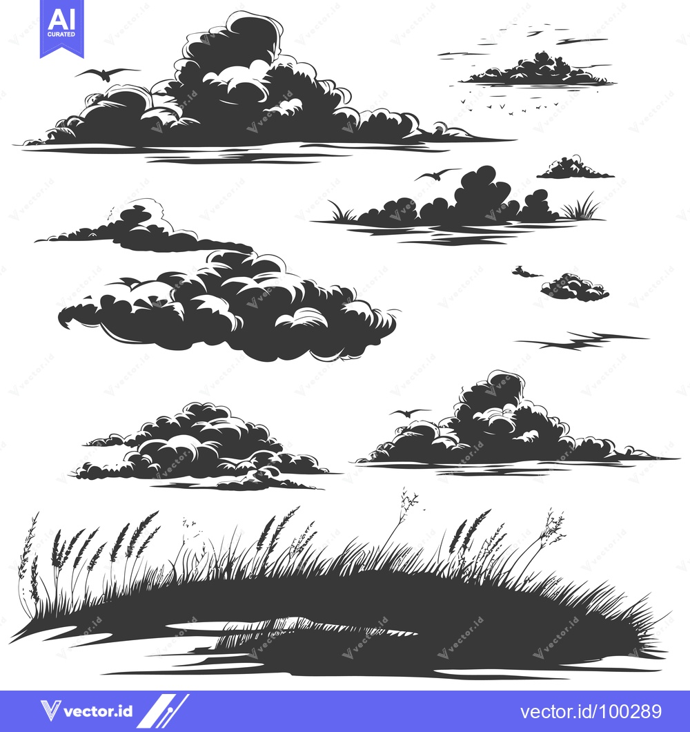 Premium Vector dari Silhouette of Clouds, Birds, and Grass against a White Background