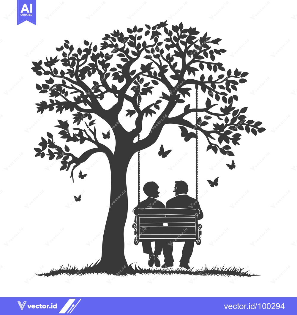 Premium Vector of Silhouette of Couple on a Swing Underneath a Tree