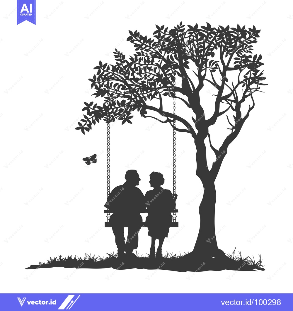 Premium Vector of Silhouette of Couple Sitting on a Swing Under a Tree