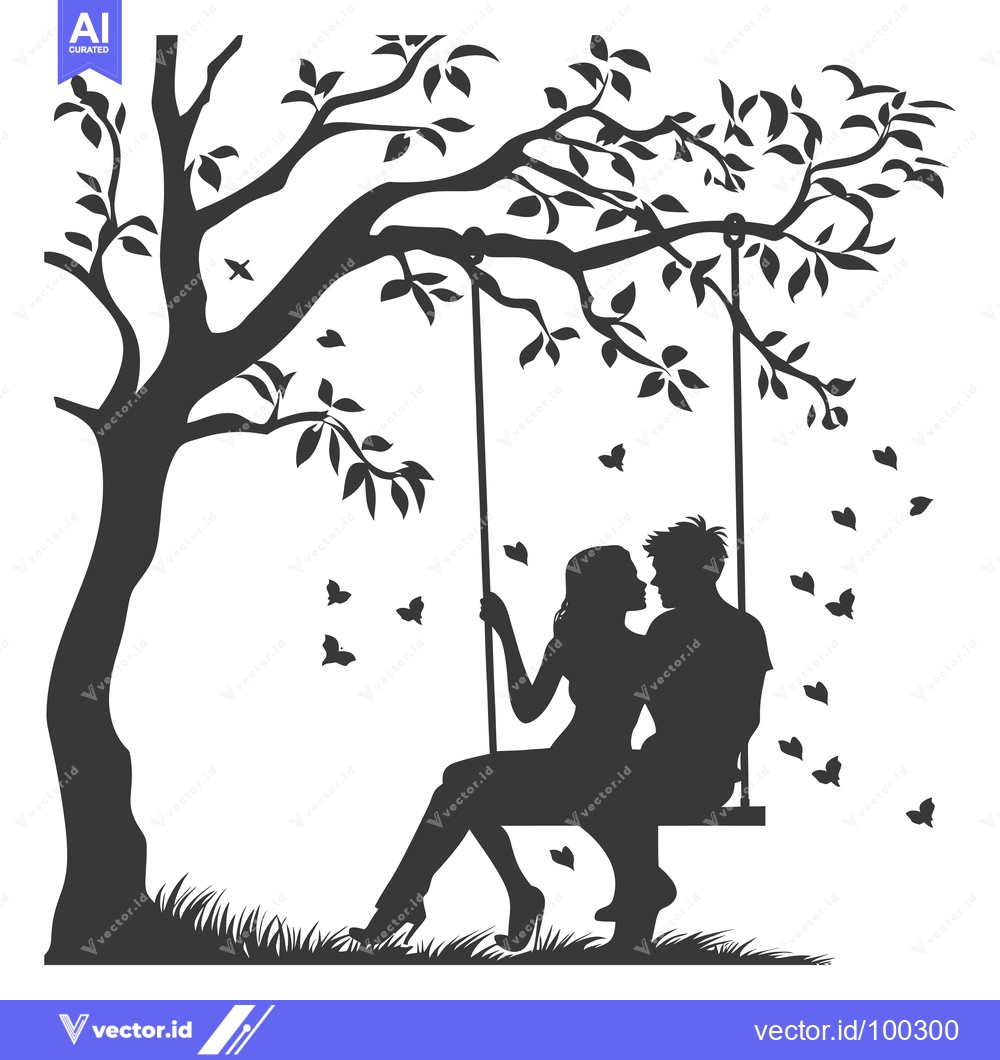 Premium Vector of Silhouette of Couple Sitting on a Swing under a Tree
