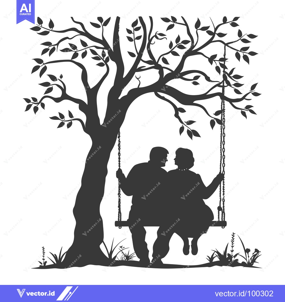 Premium Vector of Silhouette of Couple Sitting on Swing Underneath a Tree