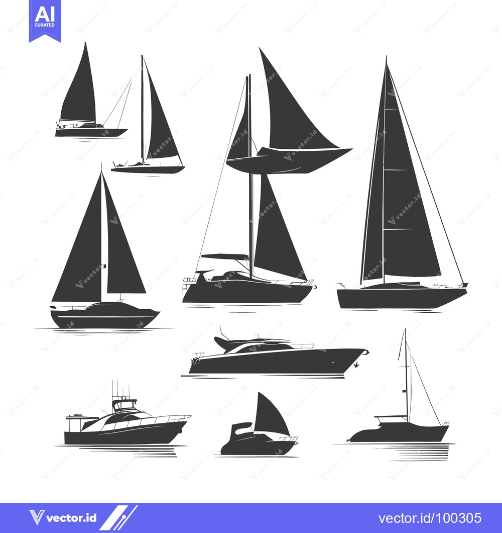Premium Vector dari Silhouette of Eight Sailboats and Motorboats on Water