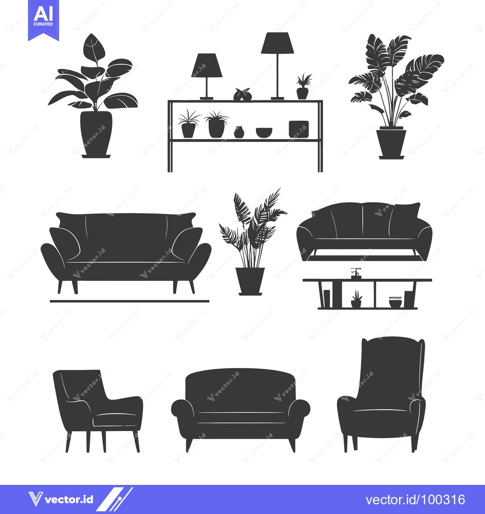 Premium Vector dari Silhouette of Furniture and Plants for a Living Room Interior Design