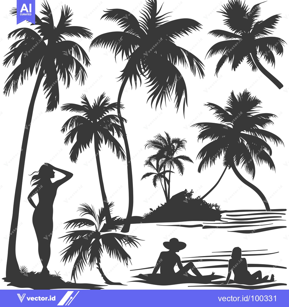 Premium Vector dari Silhouette of Palm Trees, Beach, and People Relaxing