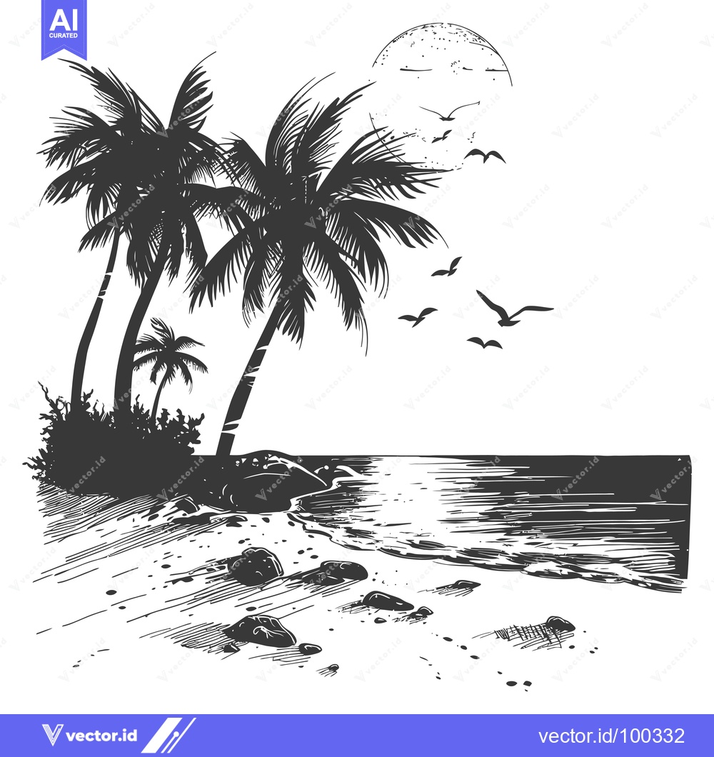 Premium Vector dari Silhouette of Palm Trees on a Beach with a Full Moon and Flying Birds