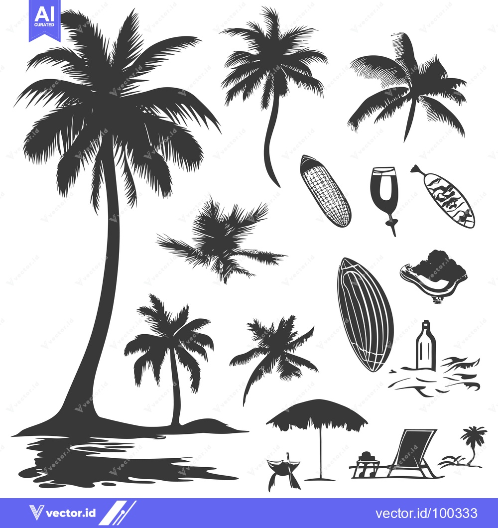 Premium Vector of Silhouette of Palm Trees with Beach Elements