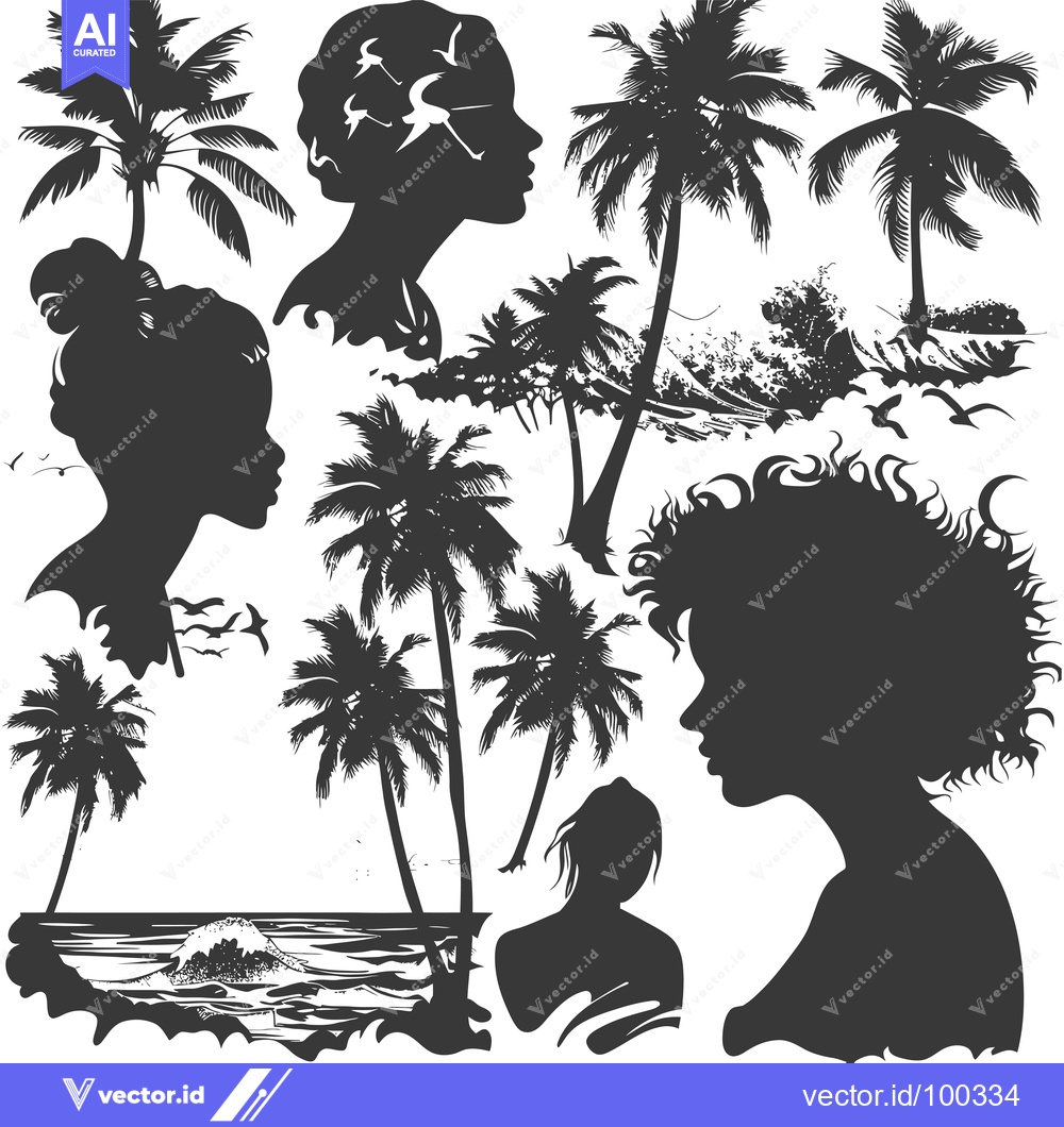 Premium Vector of Silhouette of People and Palm Trees Against a Beach and Ocean Backgrou