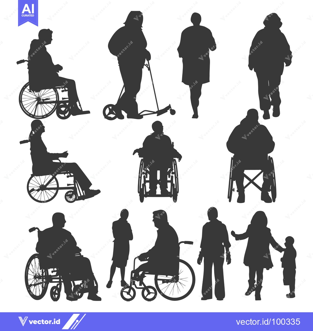 Premium Vector dari Silhouette of People in Wheelchairs and Walking with Walking Sticks