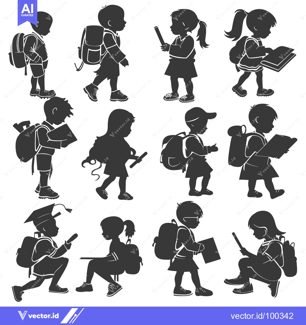 Premium Vector dari Silhouette of School Children with Backpacks and School Supplies