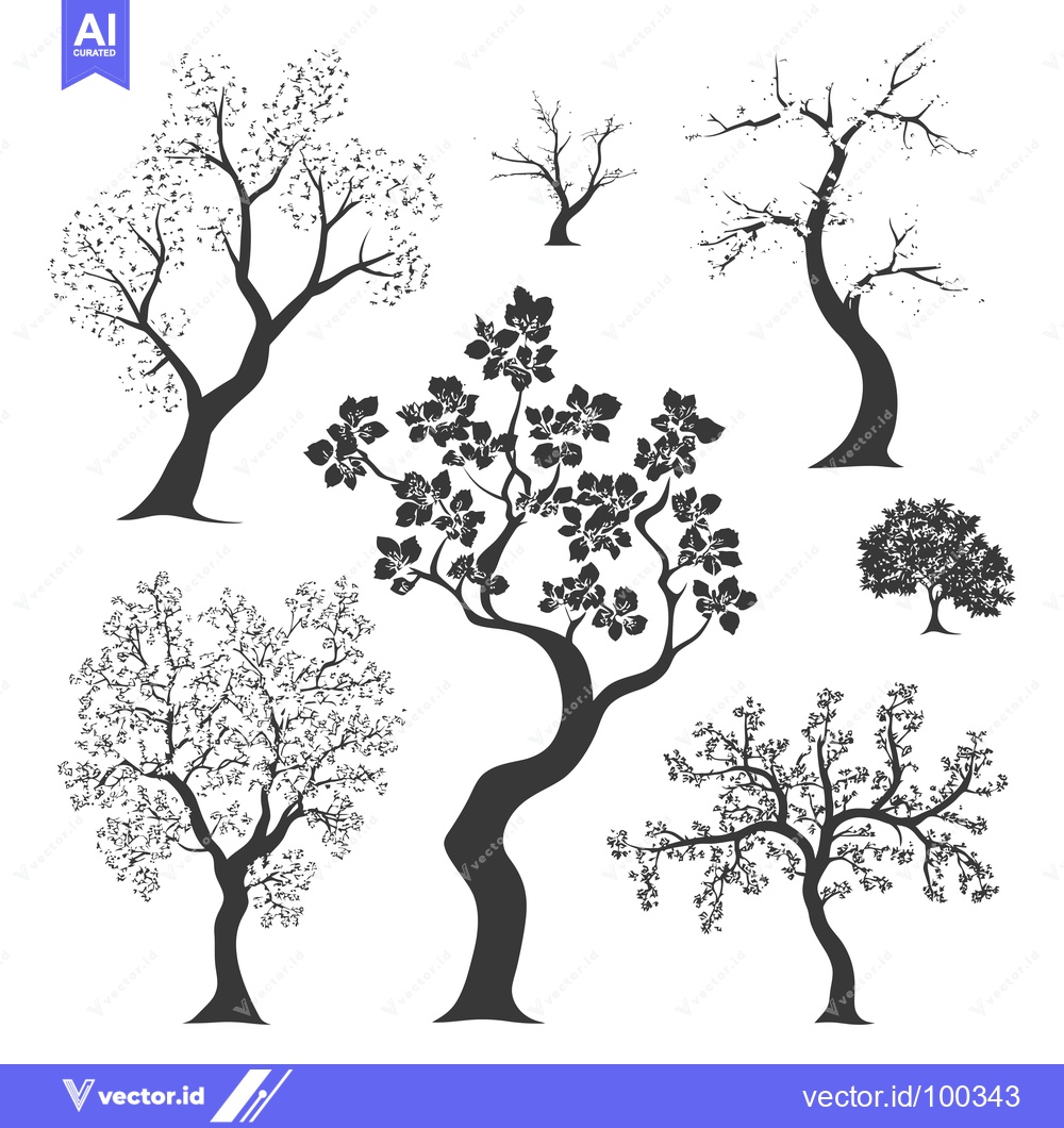 Premium Vector dari Silhouette of Seven Trees with Varying Branch Structures
